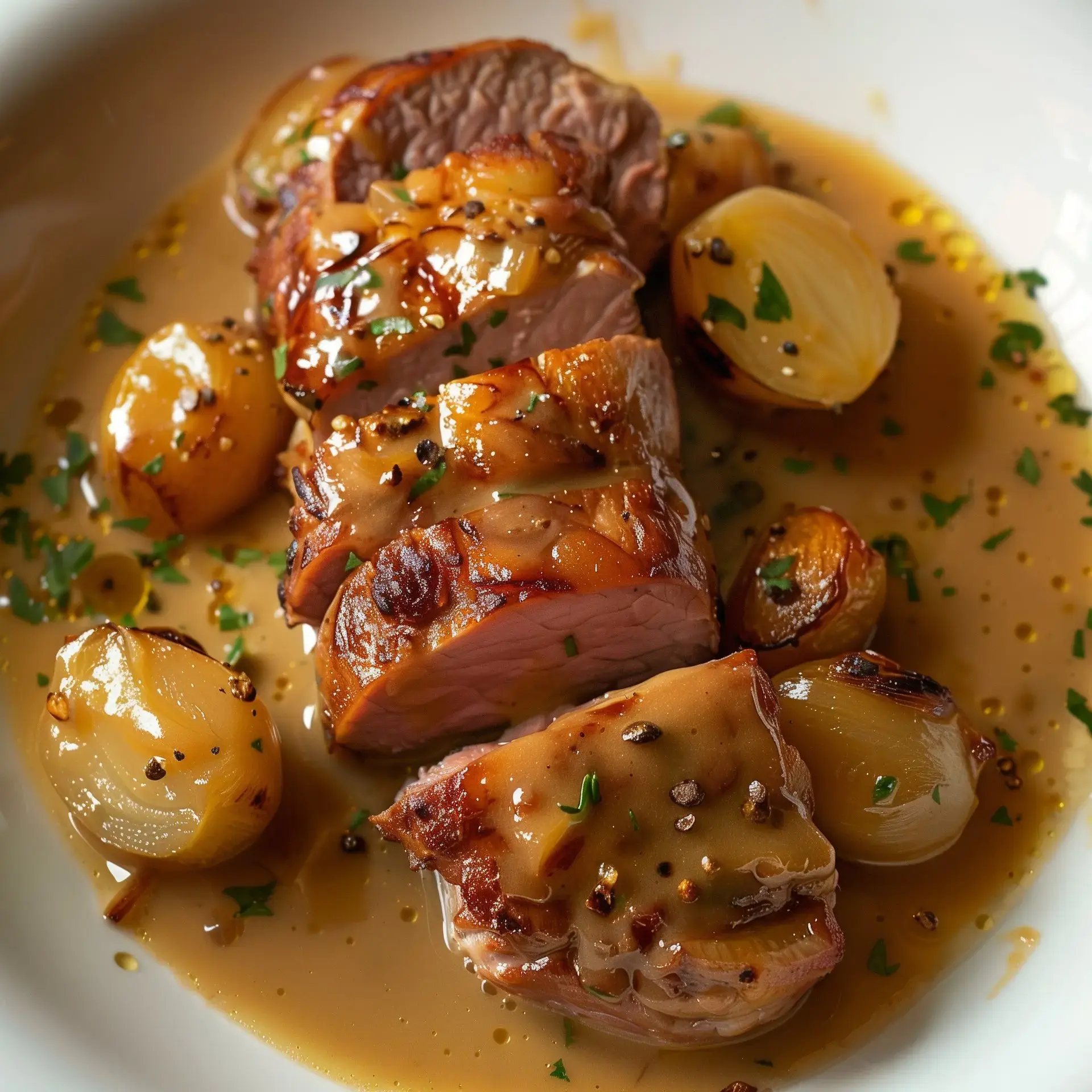 Un plat savoureux de viande rôtie accompagnée d'oignons caramélisés et nappé d'une sauce onctueuse.