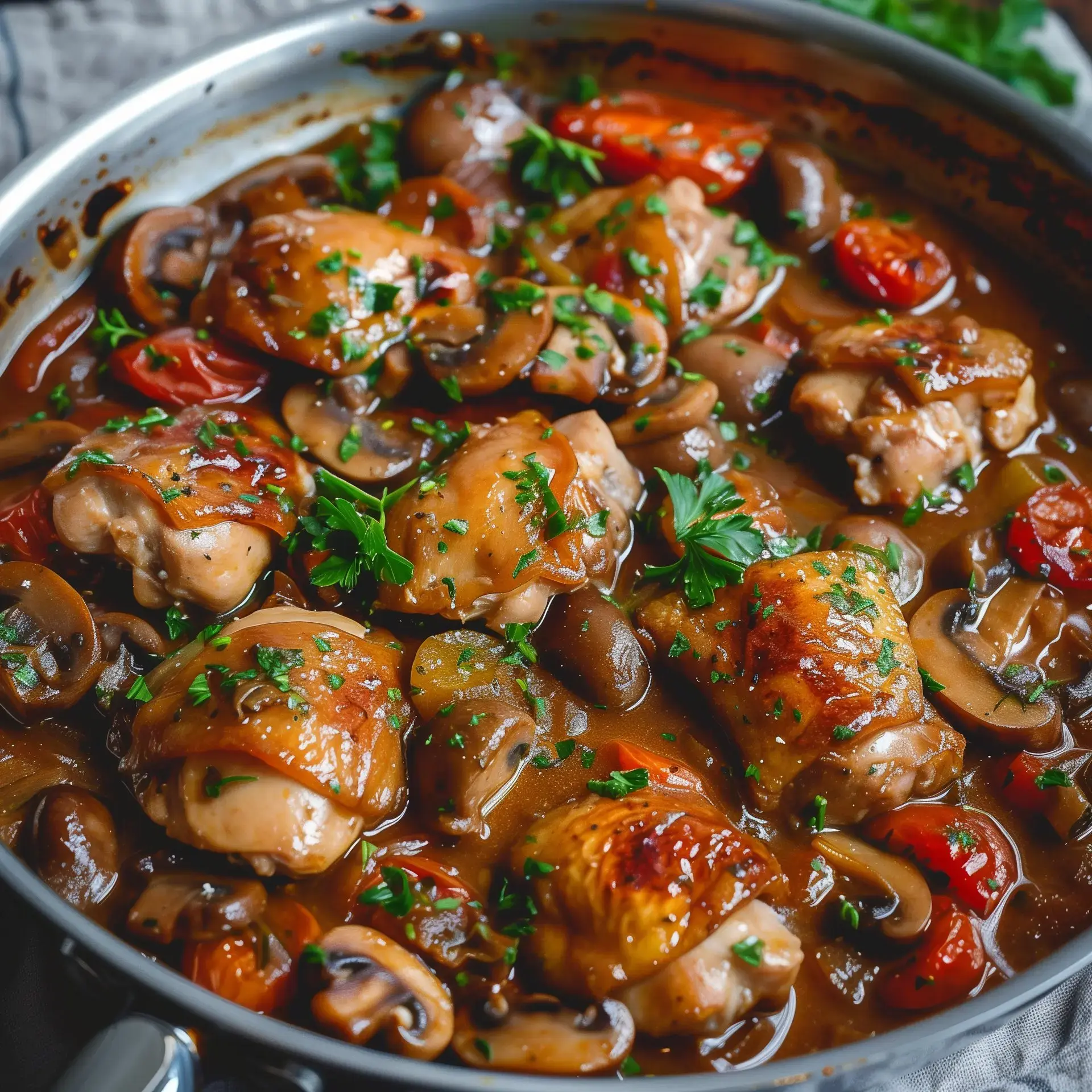 Un plat savoureux de cuisses de poulet mijotées avec des champignons, des tomates et des herbes dans une sauce brune.