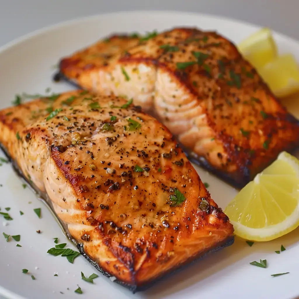 Deux filets de saumon grillés, assaisonnés de poivre et garnis de persil, accompagnés de quartiers de citron.