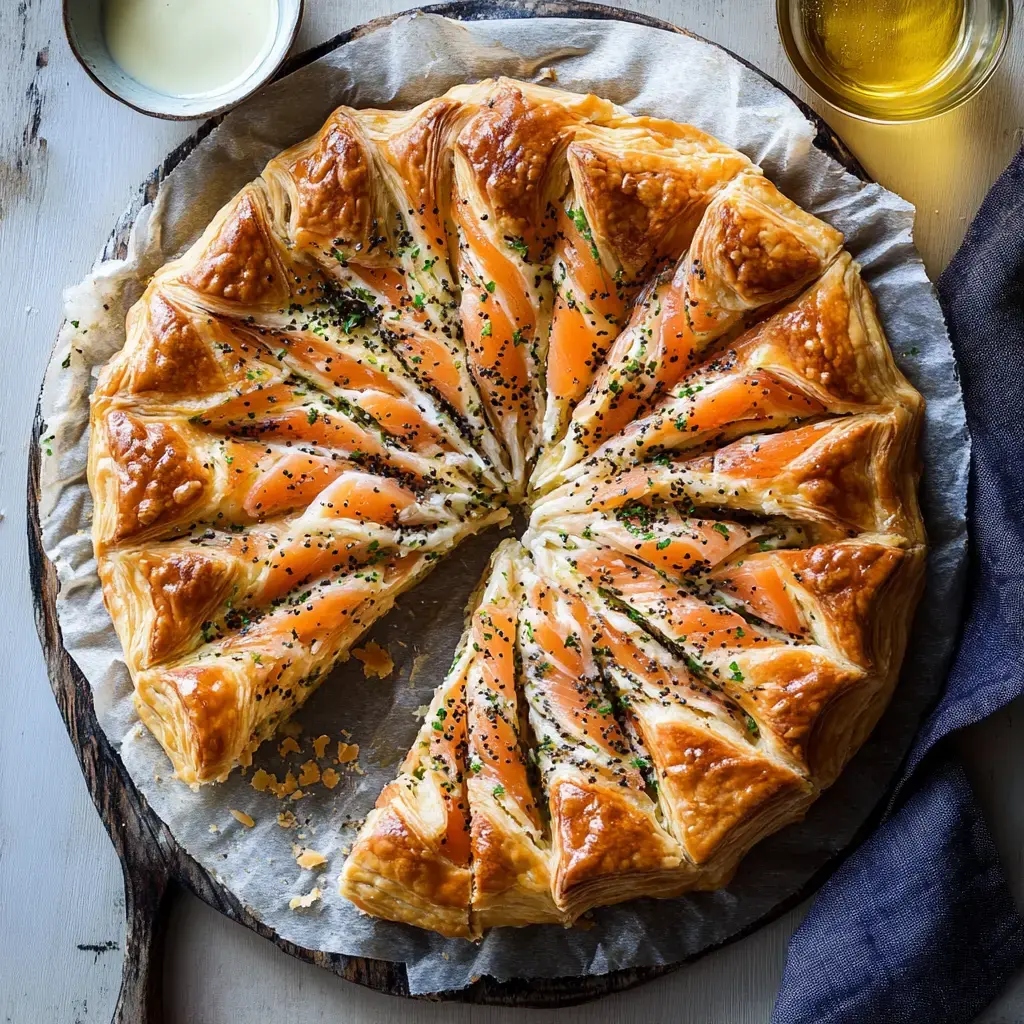 Tarte feuilletée garnie de saumon fumé et parsemée de graines noires, présentée en parts sur une planche en bois.