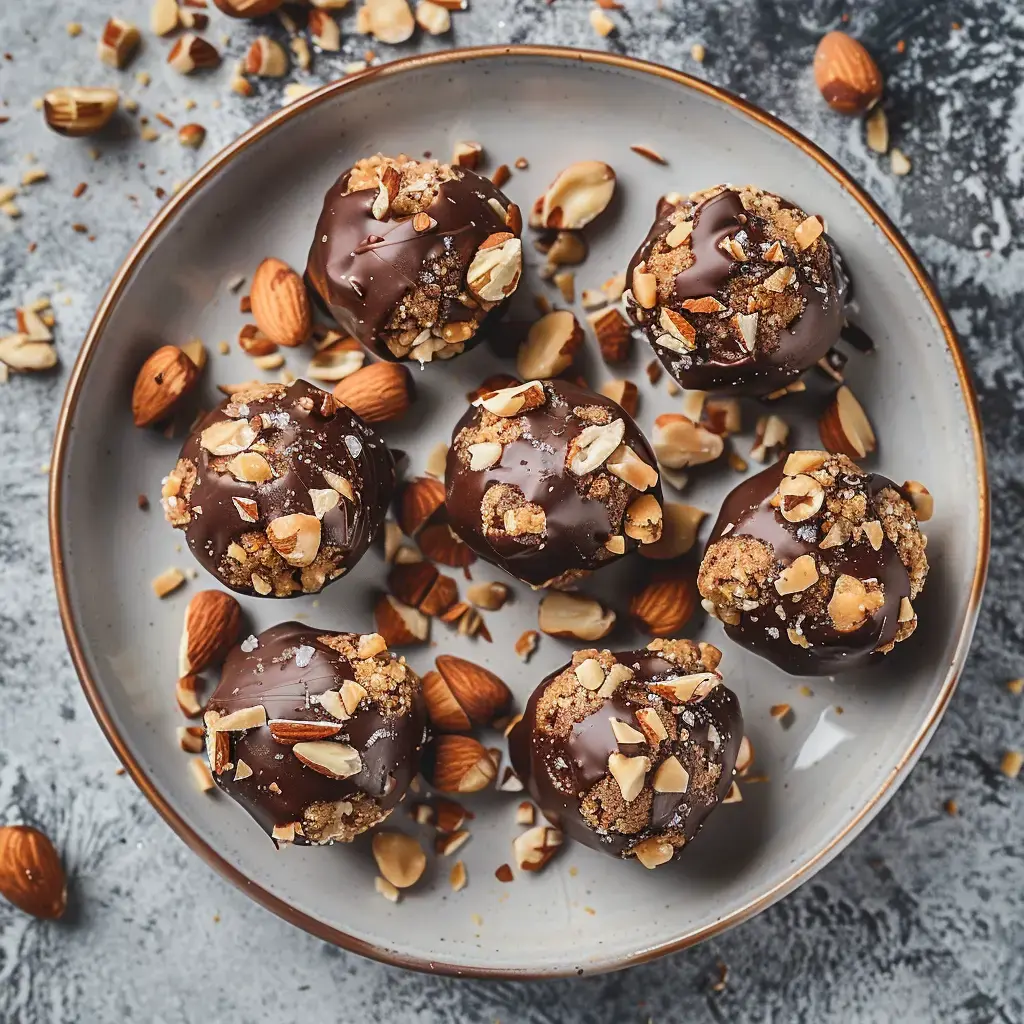 Des boules chocolatées décorées de noix et d'amandes, disposées sur une assiette avec quelques éclats de noix autour.