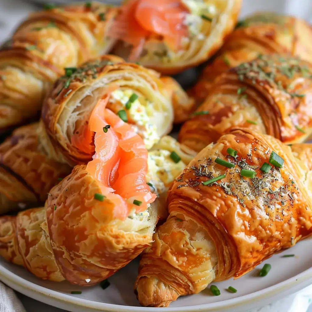 Des croissants dorés garnis de saumon fumé, d'œufs brouillés et parsemés de ciboulette.