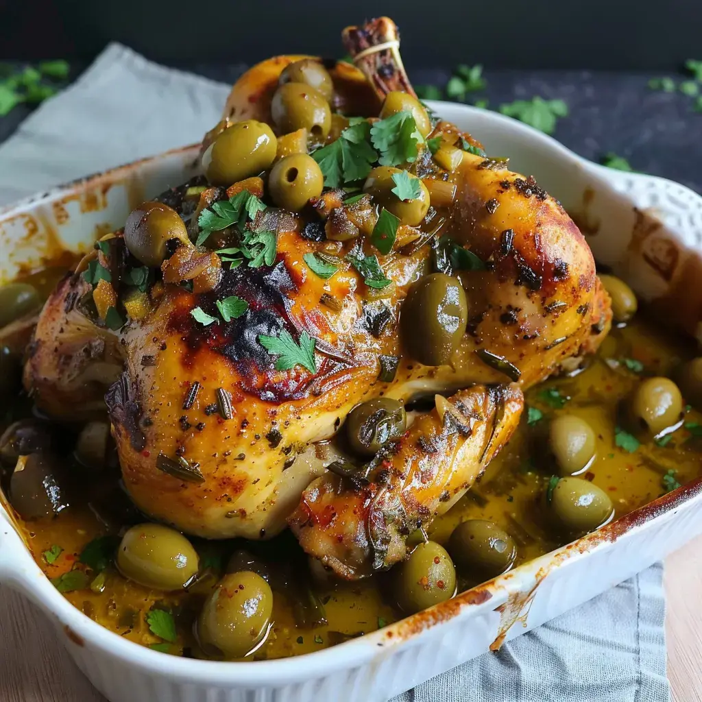 Un poulet rôti garni d'olives vertes et de coriandre, servi dans un plat.