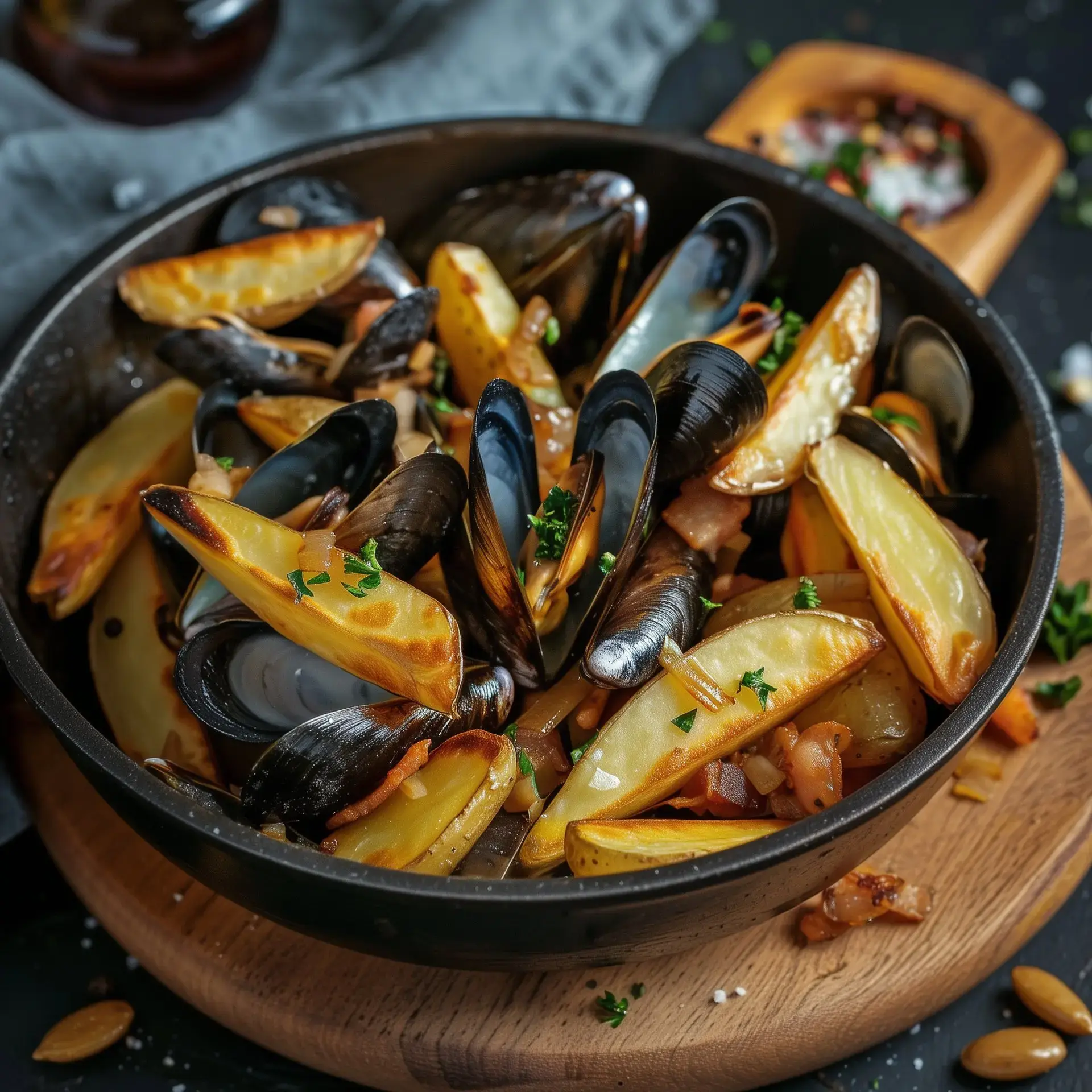 Un plat savoureux de moules et de pommes de terre, garni de persil frais, servi dans un bol noir sur une planche en bois.