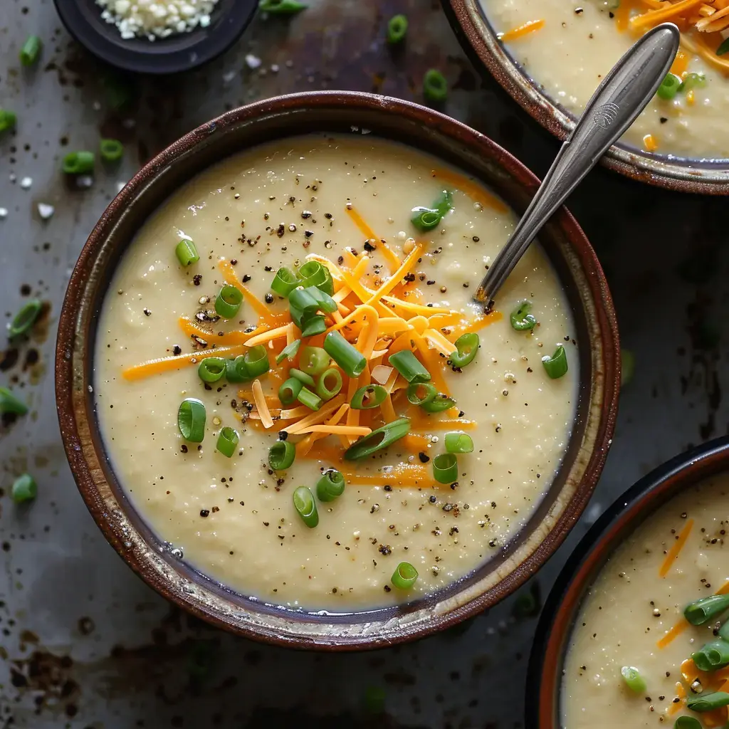 Deux bols de soupe crémeuse garnis de fromage cheddar râpé et d'oignons verts, servis sur une surface métallique.