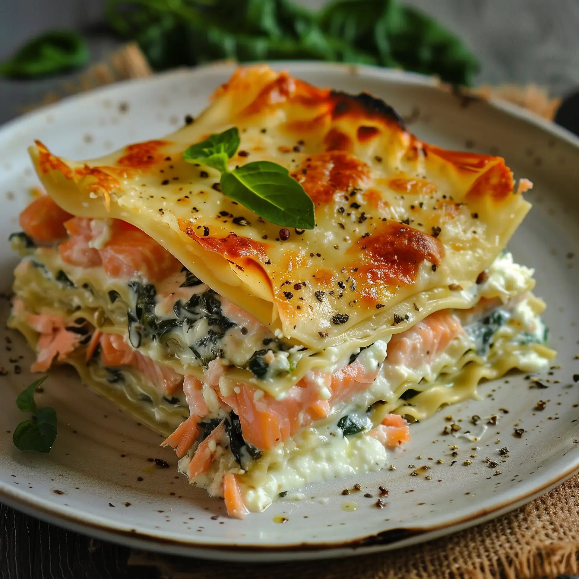 Lasagne au saumon et aux épinards, garnie de fromage et décorée d'une feuille de basilic.