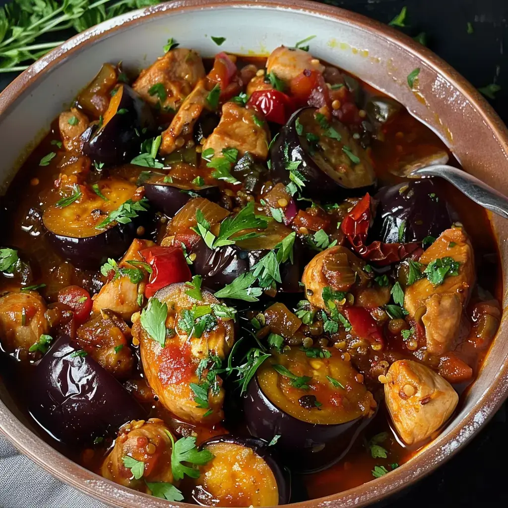 Un plat savoureux composé de morceaux de poulet, d'aubergines, de tomates et de coriandre, mijoté dans une sauce épicée.