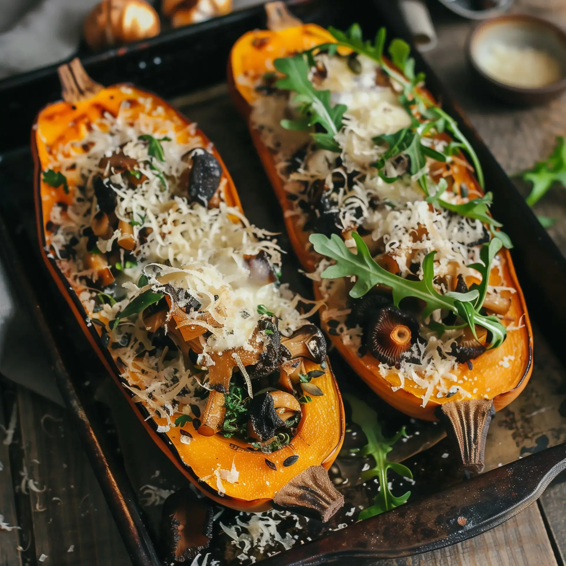 Deux moitiés de courge spaghetti farcies de champignons, d'herbes et de fromage, servies dans un plat de cuisson.