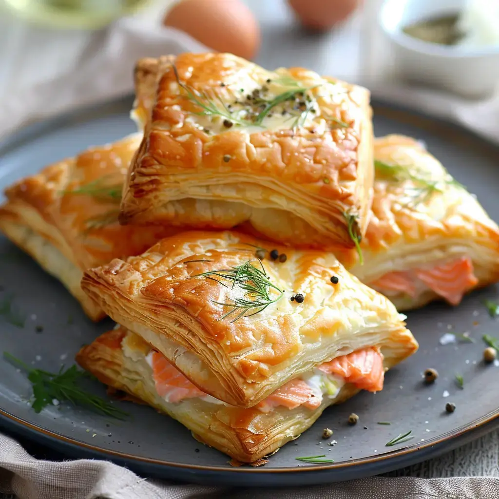 Quatre feuilletés dorés au saumon, garnis d'aneth et de poivre, sont présentés sur une assiette grise.