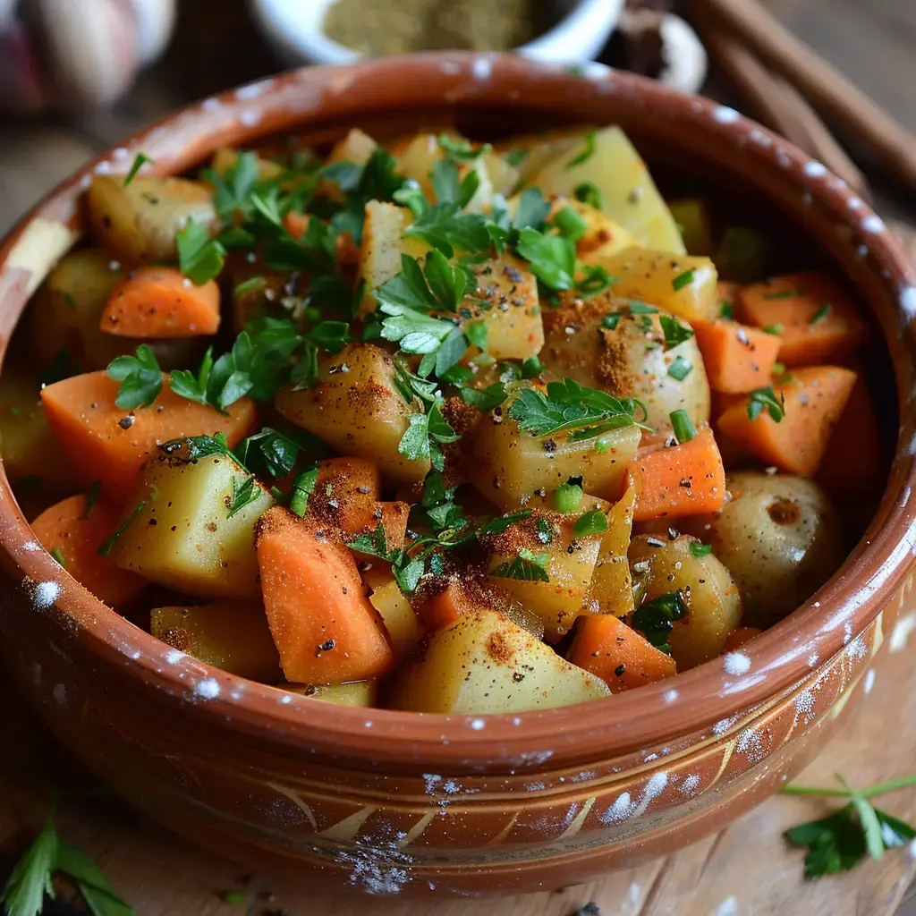 Un plat coloré de légumes en dés, principalement des pommes de terre et des carottes, assaisonné de persil frais et d'épices, servi dans un pot en terre cuite.