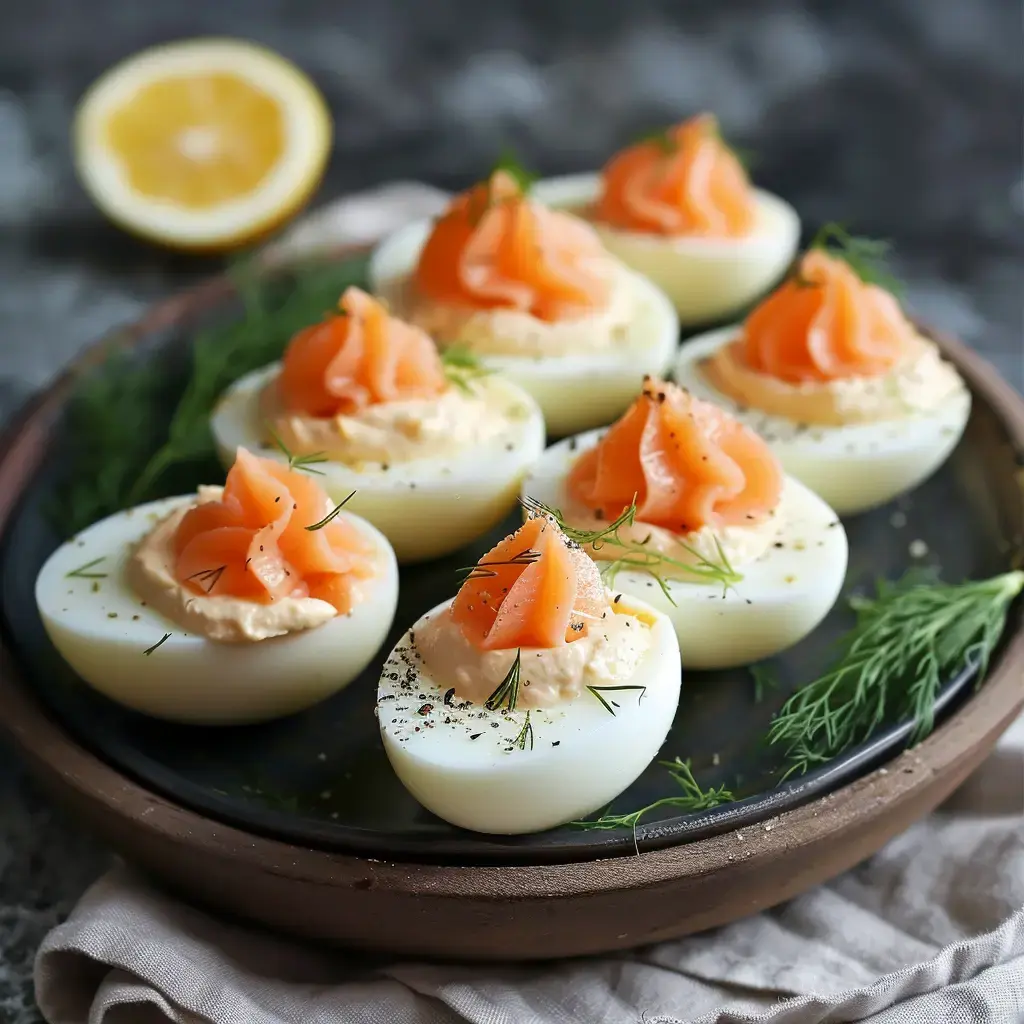 Des œufs durs garnis de crème et de saumon fumé, décorés d'aneth, sur une assiette noire avec un citron en arrière-plan.