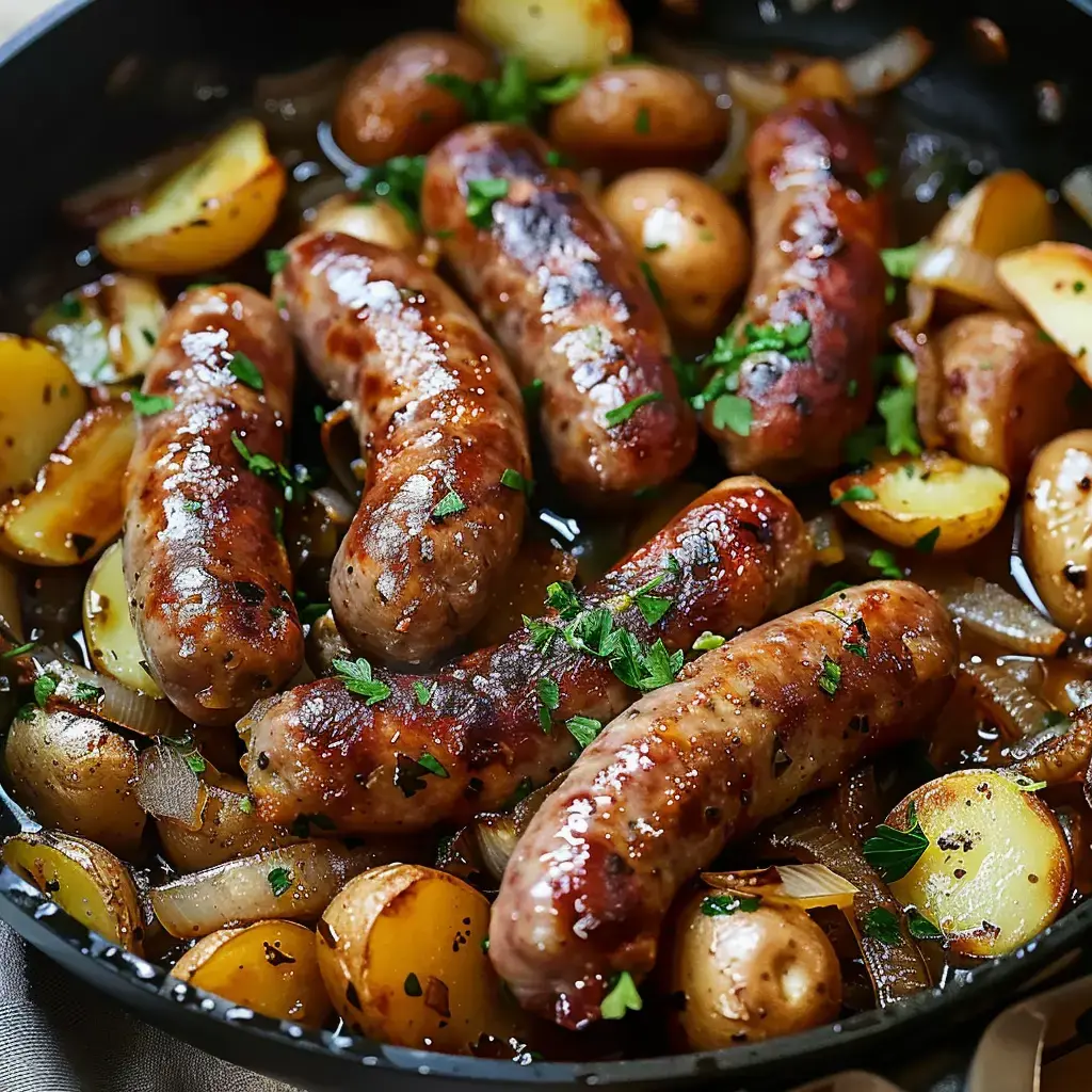 Saucisses grillées accompagnées de pommes de terre et d'oignons, garnies de persil frais.