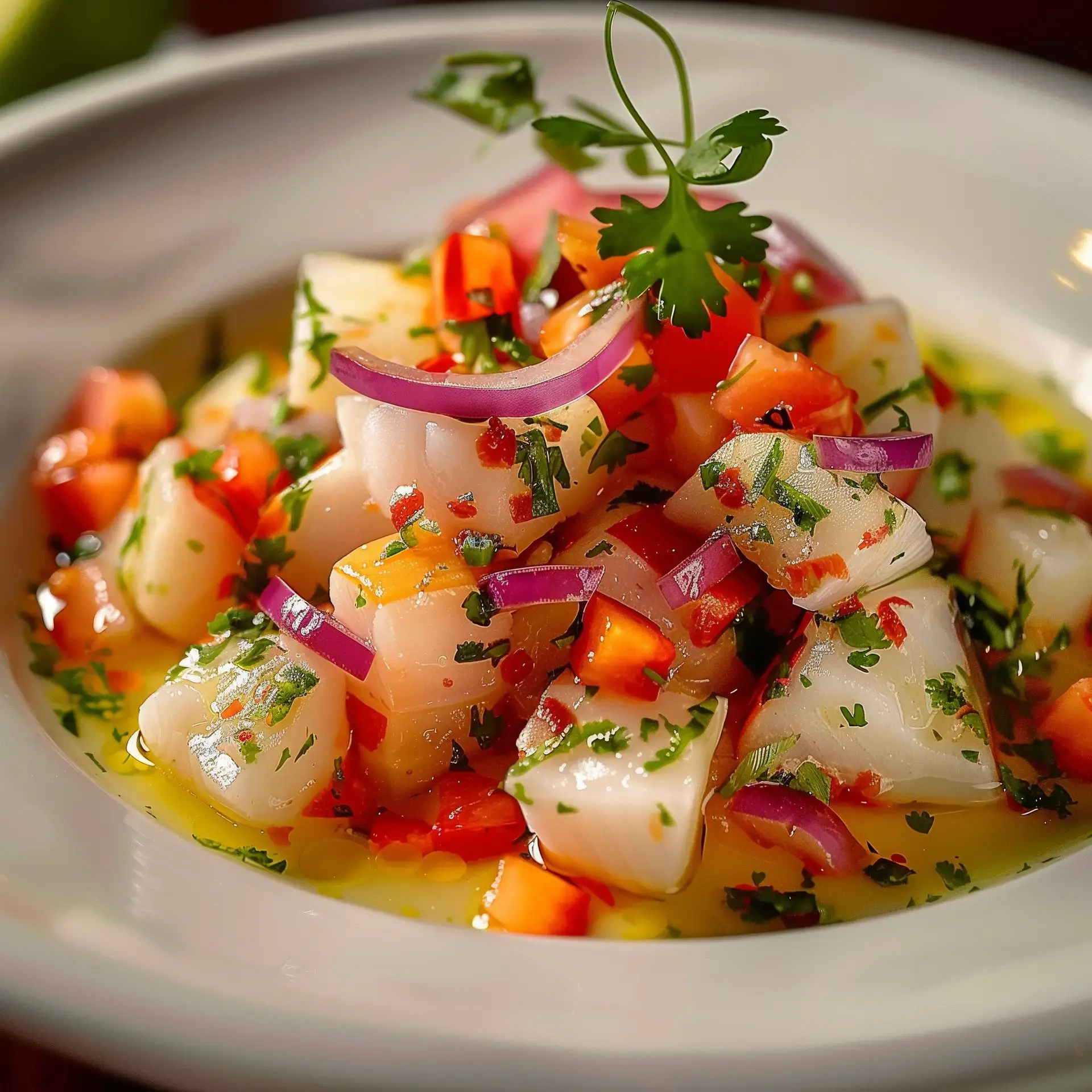 Une salade de ceviche colorée, composée de morceaux de poisson, de tomates, d'oignons rouges, de coriandre et d'assaisonnement dans une assiette.