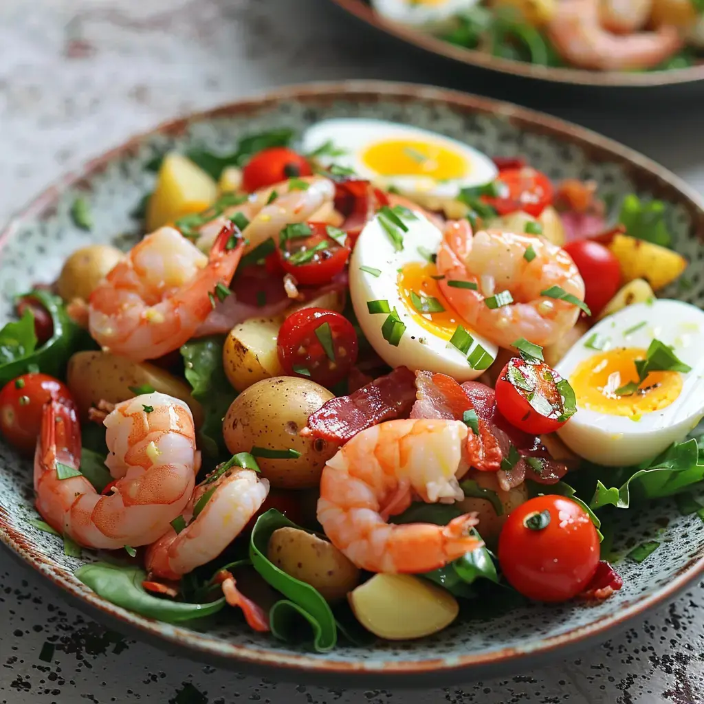 Une salade colorée composée de crevettes, pommes de terre nouvelles, tomates cerises, œufs durs, lard et herbes fraîches.