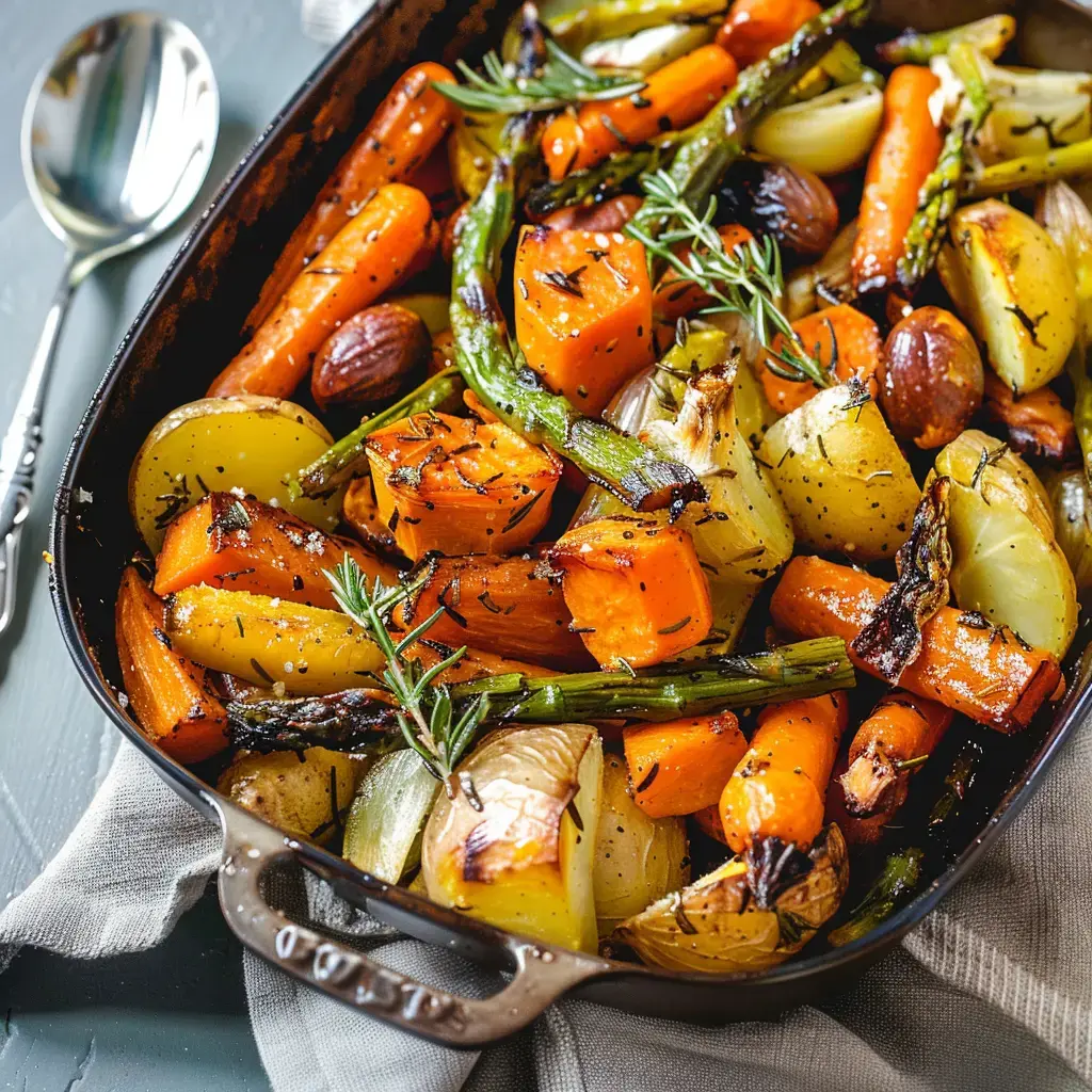 Assiette de légumes rôtis colorés, incluant des carottes, des oignons, des pommes de terre et des asperges, assaisonnés avec des herbes et des épices.