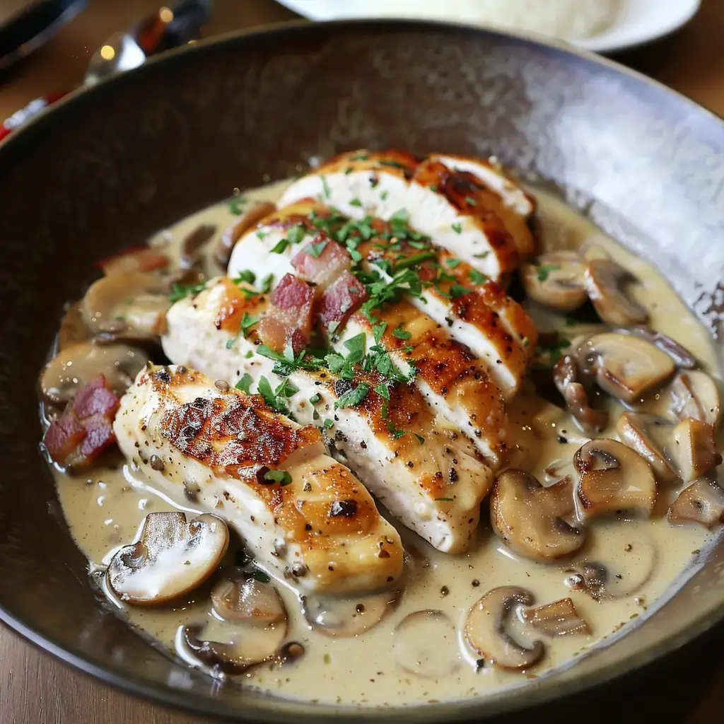 Un plat de poulet grillé servi avec une sauce crémeuse aux champignons et des morceaux de lardons, garni de persil.