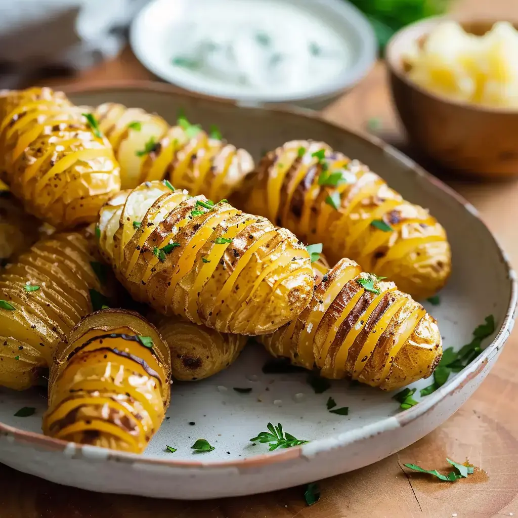 Des pommes de terre rôties en spirale, garnies de persil frais, servies dans un plat avec une sauce blanche en arrière-plan.