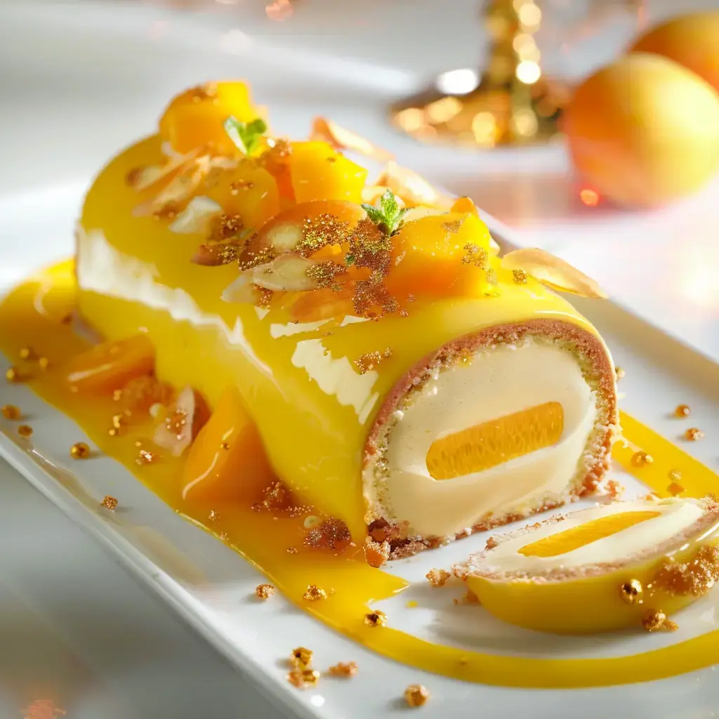 Bûche pâtissière glacée, garnie de mangue, d'amandes et de sauce à la mangue, présentée sur un plat élégant.