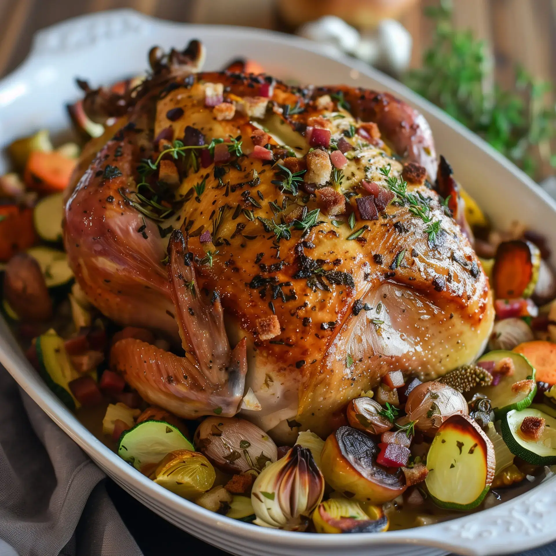 Un poulet rôti doré, garni de fines herbes et de morceaux de bacon, repose sur un lit de légumes colorés dans un plat de présentation.