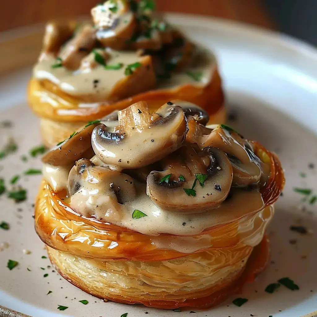 Deux feuilletés garnis de champignons dans une sauce crémeuse, sur une assiette, décorés de parsemé de persil.