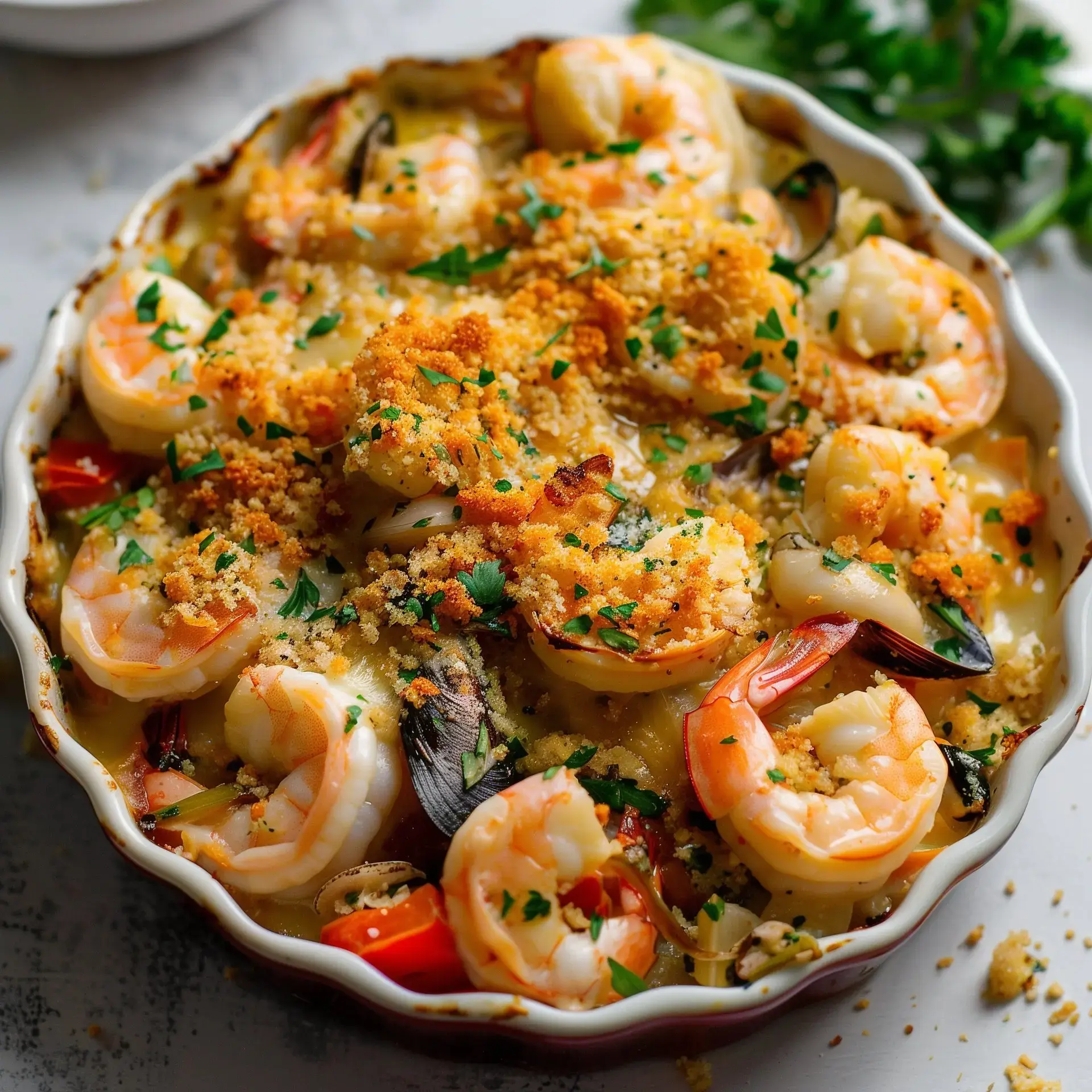 Un plat de fruits de mer gratinés avec des crevettes, des moules et une croûte dorée, garni de persil frais.