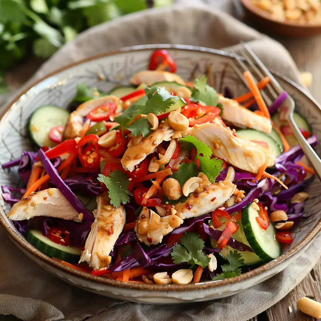 Une salade colorée composée de poulet grillé, de chou rouge, de carottes, de concombres, de piment et de cacahuètes, le tout garni de coriandre fraîche.