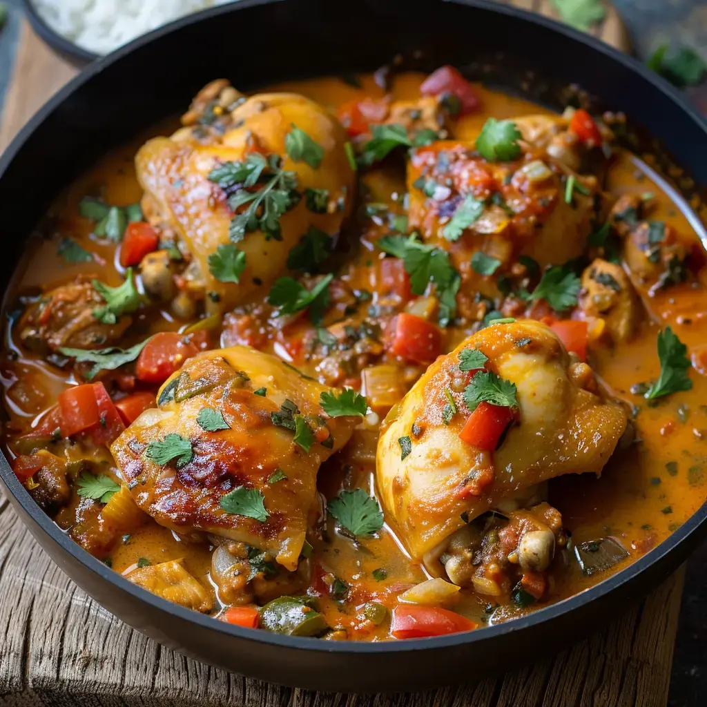 Un plat de poulet mijoté avec des légumes et des herbes fraîches, servi dans une sauce riche et épicée.