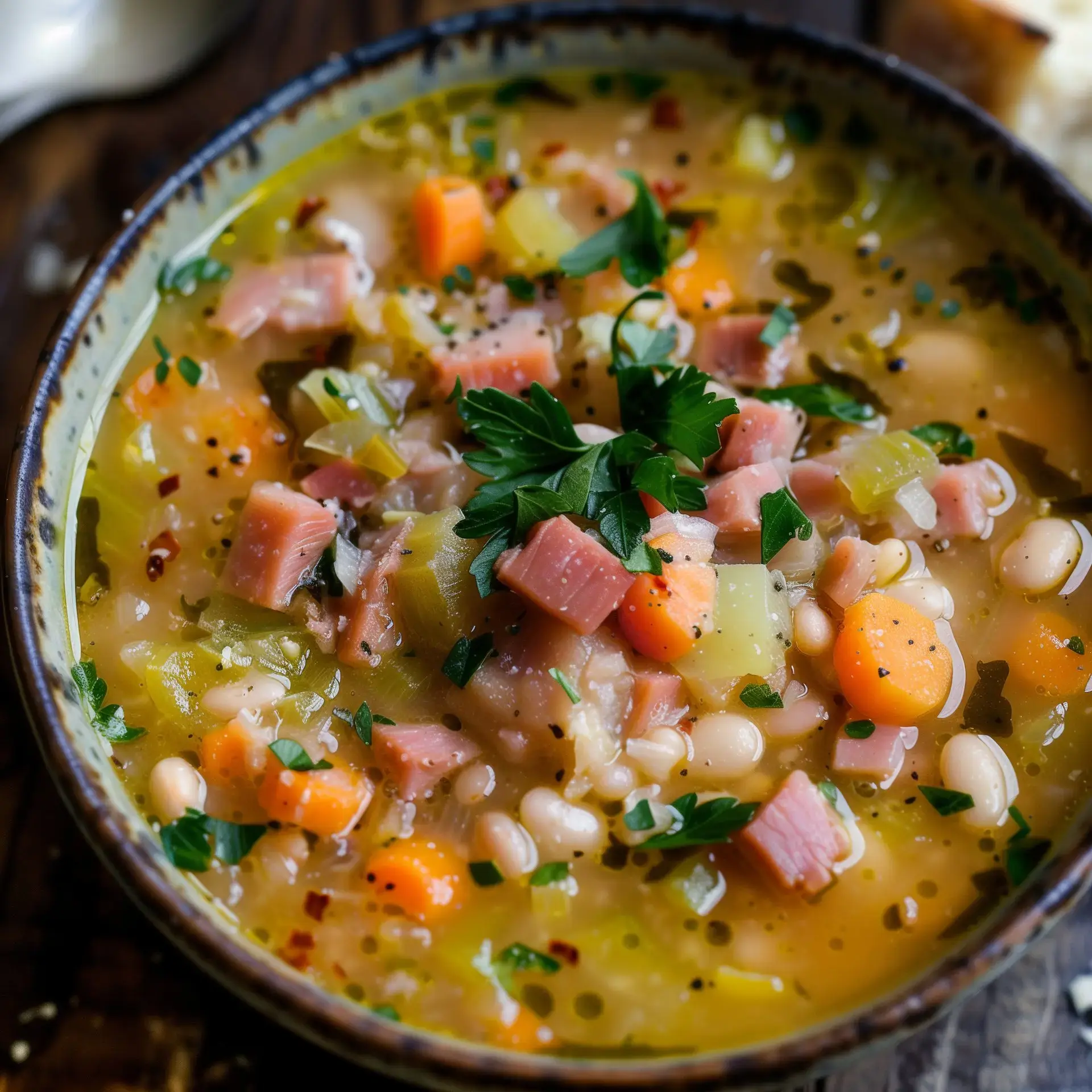 Un bol de soupe aux légumes avec des morceaux de jambon, des carottes et des herbes fraîches.