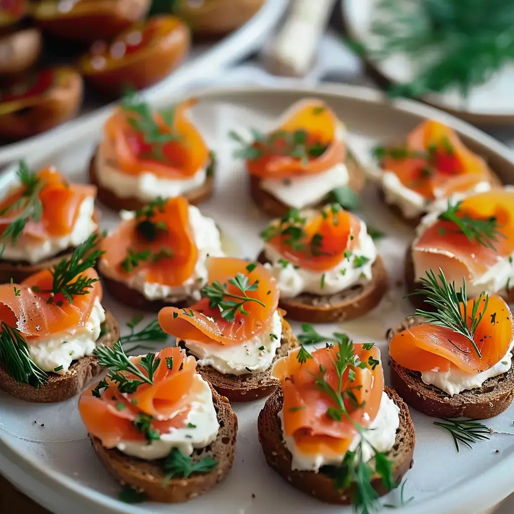 Assiette de canapés garnis de fromage à la crème et de tranches de saumon fumé, décorés de fines herbes.