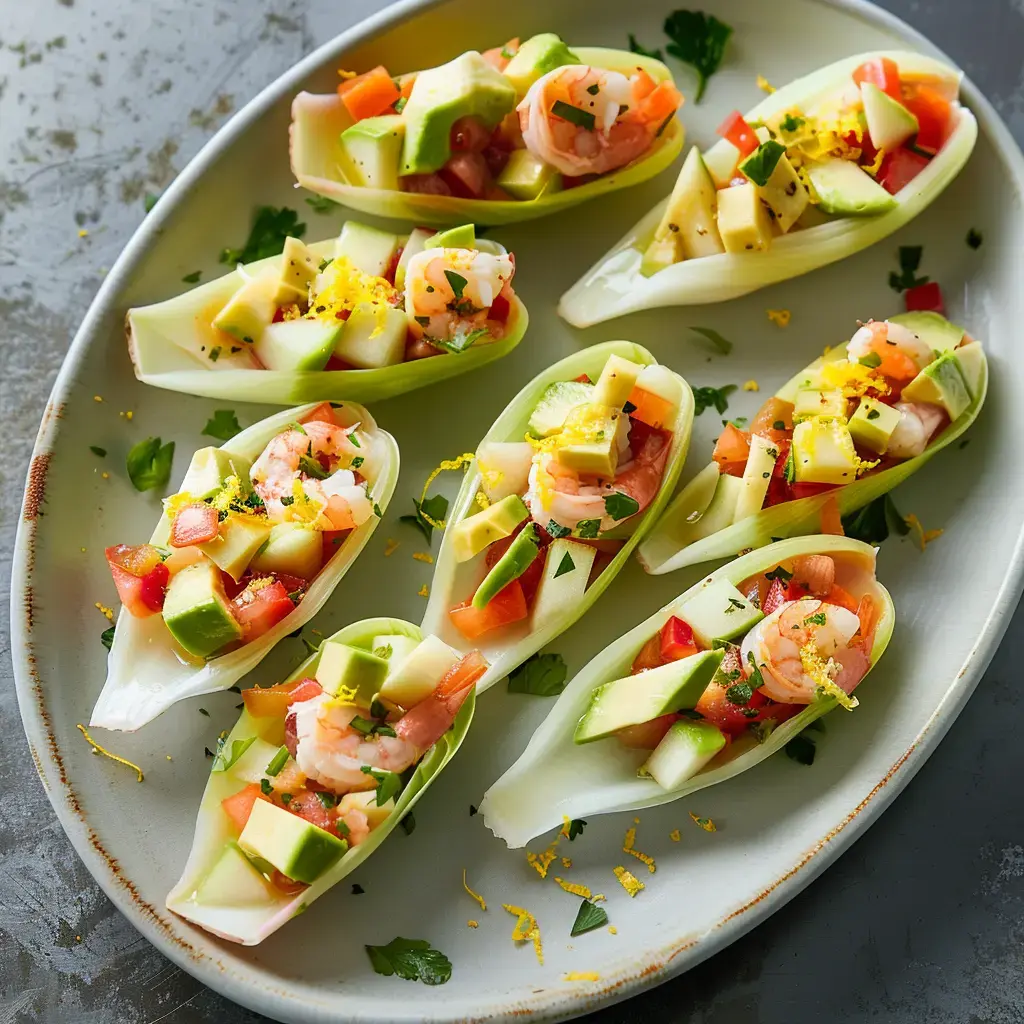 Des feuilles d'endive garnies de crevettes, de tomates, de pommes et d'avocat, présentées sur un plat.