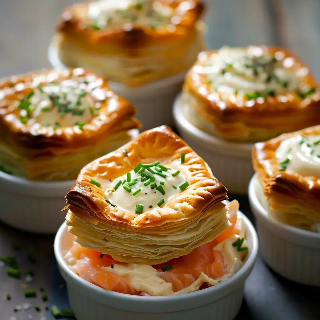 Des ramequins contenant des feuilletés garnis de crème et de saumon fumé, décorés de ciboulette.