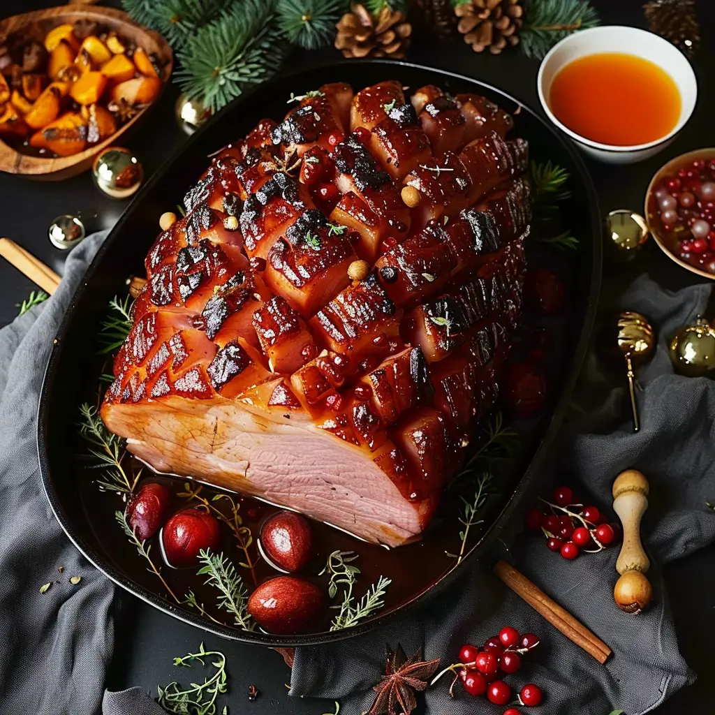 Un jambon glissé posé sur un plateau, décoré de baies rouges, d'herbes et accompagné de fruits, dans une ambiance festive.