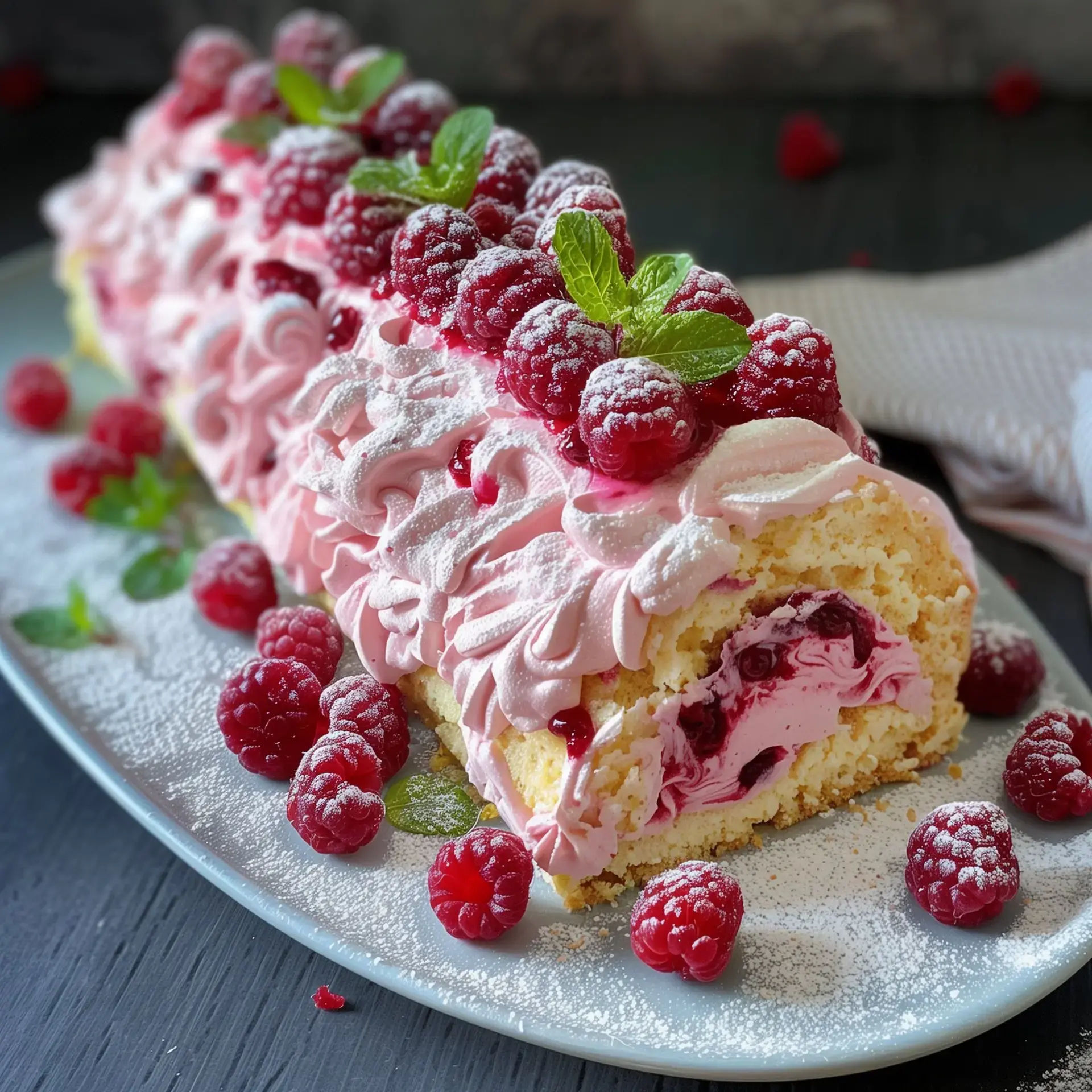 Une bûche de Noël garnie de crème rose, décorée de framboises fraîches et de feuilles de menthe, sur un plat.