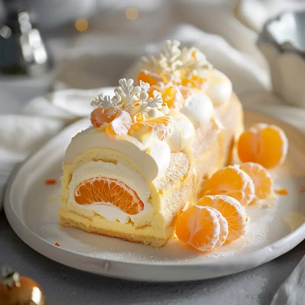 Bûche de Noël garnie de crème, d'orange et décorée de flocons de neige en sucre, accompagnée de quartiers d'orange.