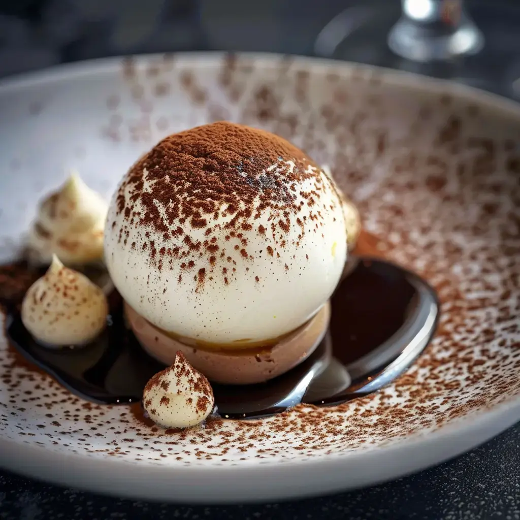 Un dessert élégant composé d'une sphère blanche couverte de poudre de cacao, entourée de crème et de sauce au chocolat.