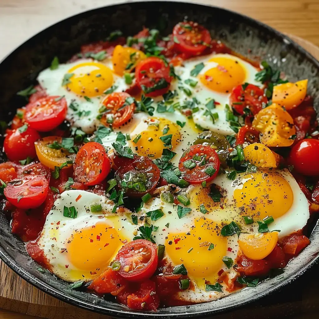 Une poêle contenant des œufs au plat cuits dans une sauce tomate garnie de tomates cerises colorées et de persil haché.