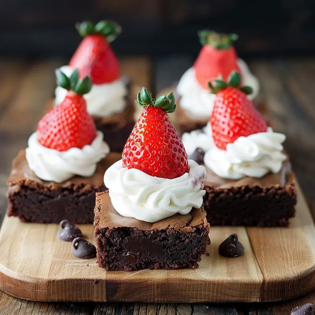 Des carrés de brownie garnis de crème fouettée et surmontés de fraises fraîches, présentés sur une planche en bois.