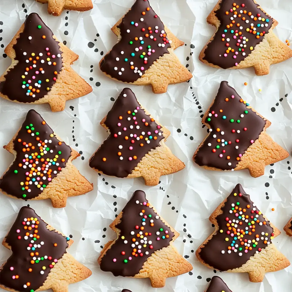 Des biscuits en forme de sapin décorés de chocolat noir et de vermicelles colorés.