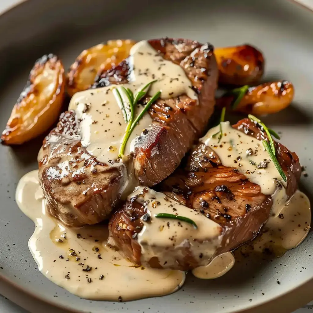 Deux morceaux de viande grillée nappés d'une sauce crémeuse, accompagnés de quartiers de citron rôtis, le tout sur une assiette.