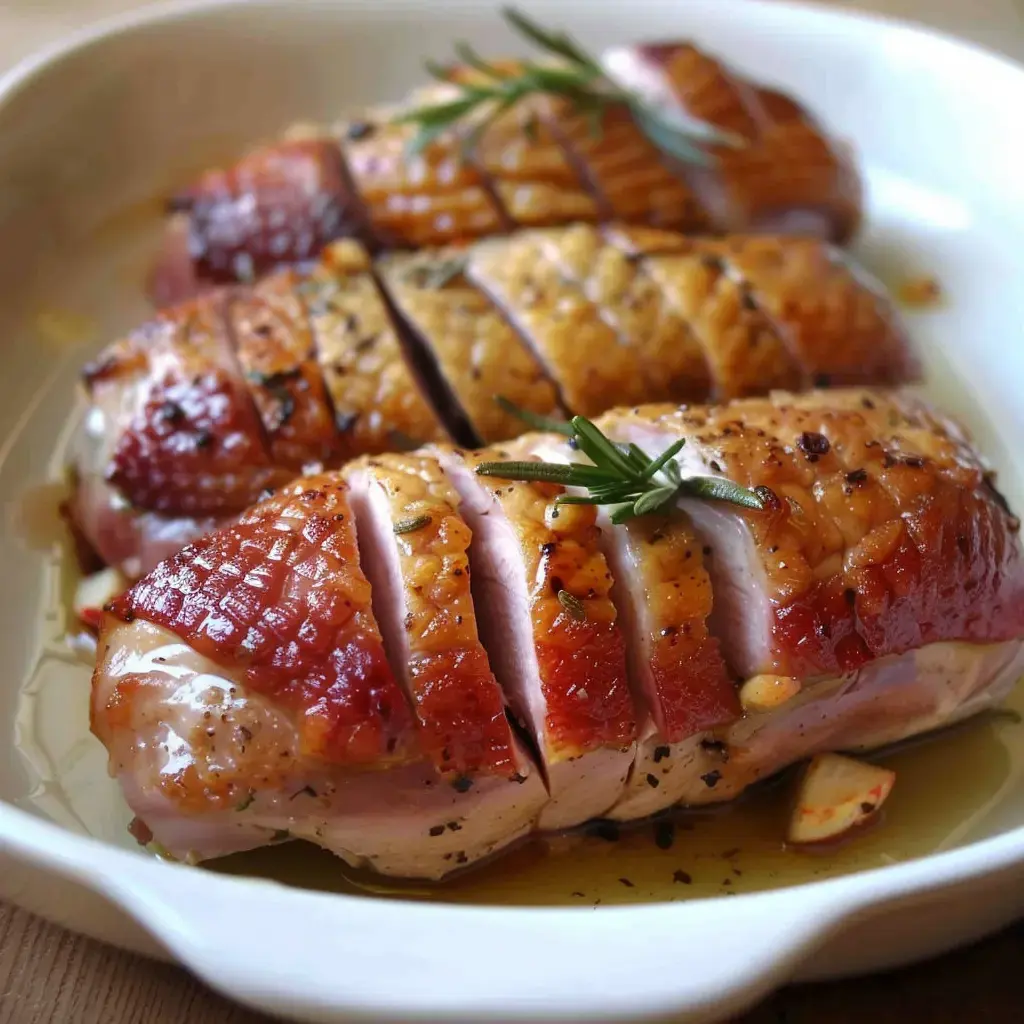 Trois morceaux de viande de canard rôtis, dorés et tranchés, disposés dans un plat avec des herbes et de l'huile.