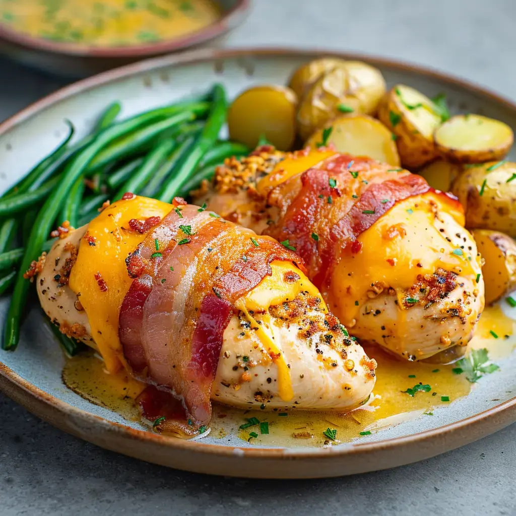 Deux filets de poulet couverts de fromage cheddar et de bacon, accompagnés de haricots verts et de pommes de terre en robe des champs, présentés sur une assiette.