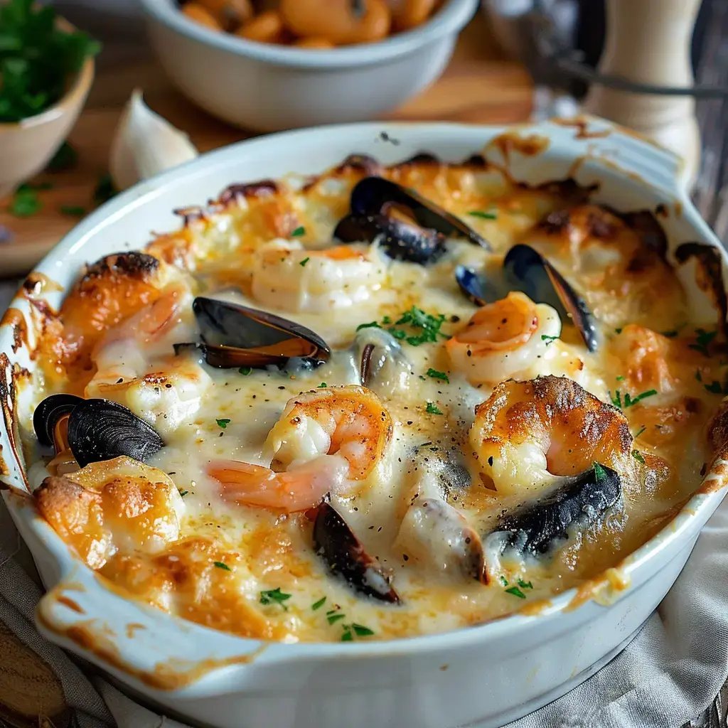 Un gratin de fruits de mer avec des crevettes, des moules et du fromage, garni de persil frais.