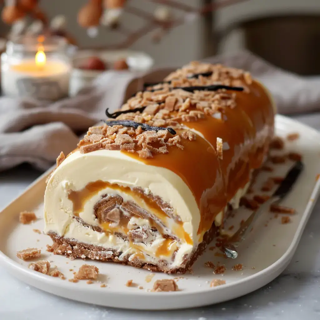 Une bûche glacée à la vanille, recouverte de caramel et de morceaux de biscuit, présentée sur une assiette.