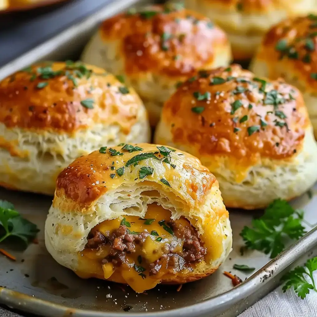 Boulettes feuilletées garnies de viande hachée et de fromage fondant, saupoudrées de persil, sur une plaque.