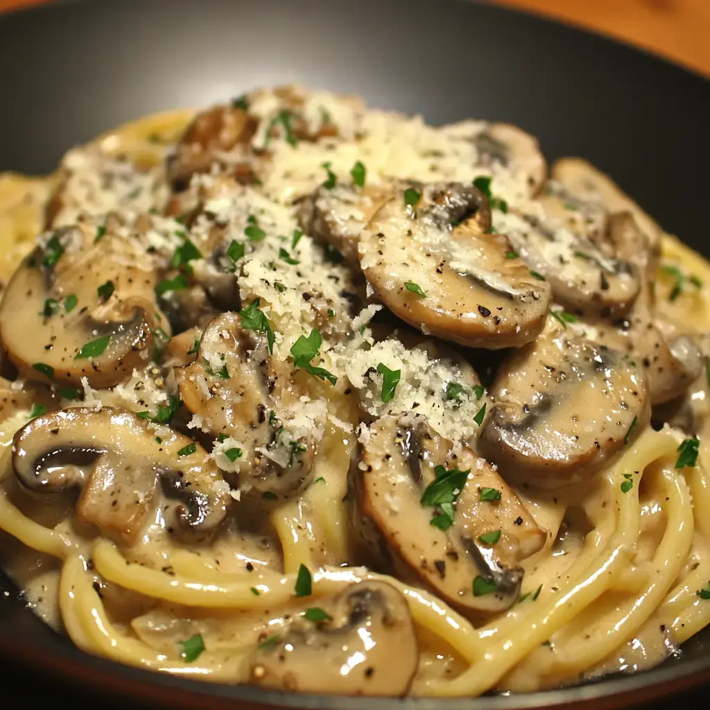 Des pâtes crémeuses garnies de champignons tranchés et de parmesan, saupoudrées de persil.