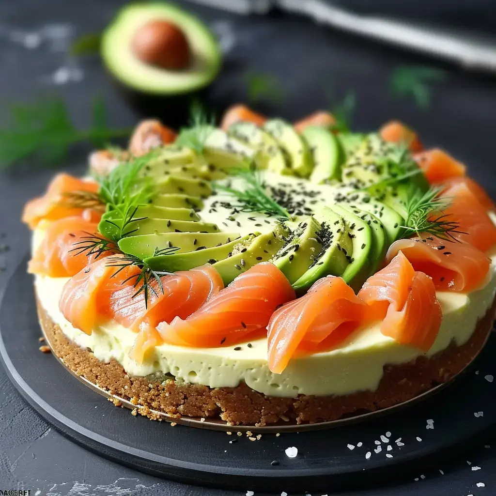 Un gâteau décoré avec des tranches de saumon fumé et d'avocat, garni d'aneth et de graines noires, sur une base croustillante.