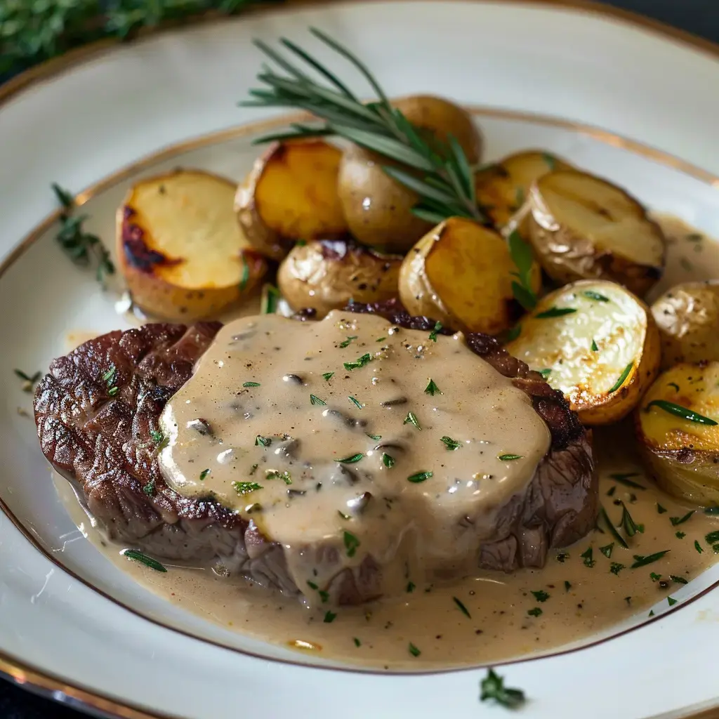 Un plat élégant composé d'un steak accompagné de pommes de terre rôties et d'une sauce crémeuse.