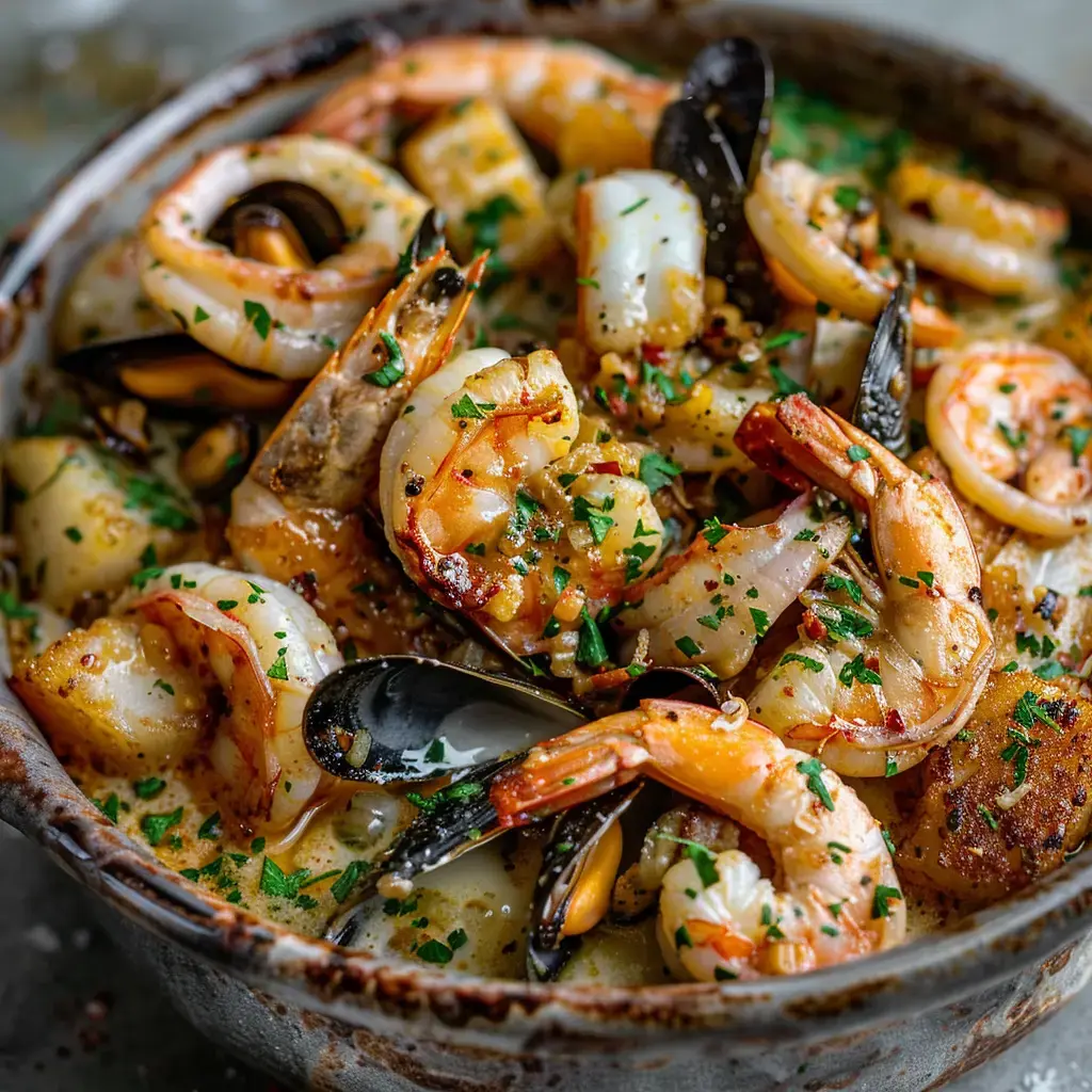 Un plat de fruits de mer sautés avec des crevettes, des moules et des morceaux de poisson, assaisonné de persil.