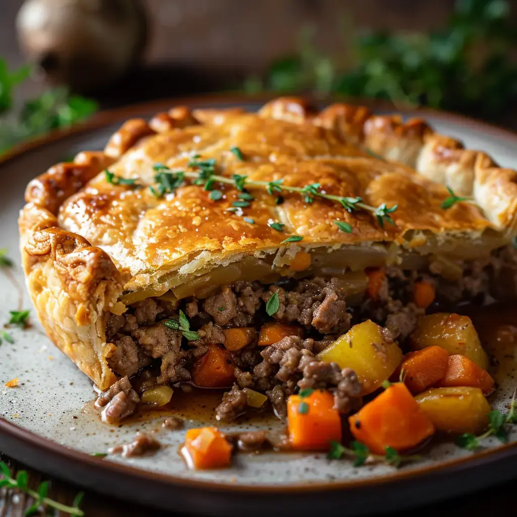 Une tourte dorée et garnie de viande hachée, de carottes et de légumes, servie dans une assiette avec des herbes fraîches.