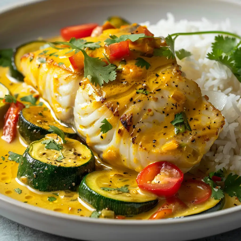 Un plat de poisson accompagné de riz et de courgettes dans une sauce colorée, garni de tomates et de coriandre.